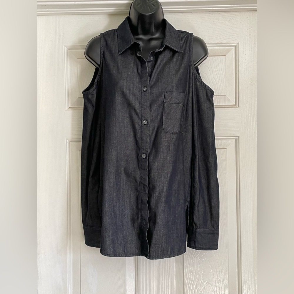 Dark Denim Stretch Button Down Tailored Shirt - image 2